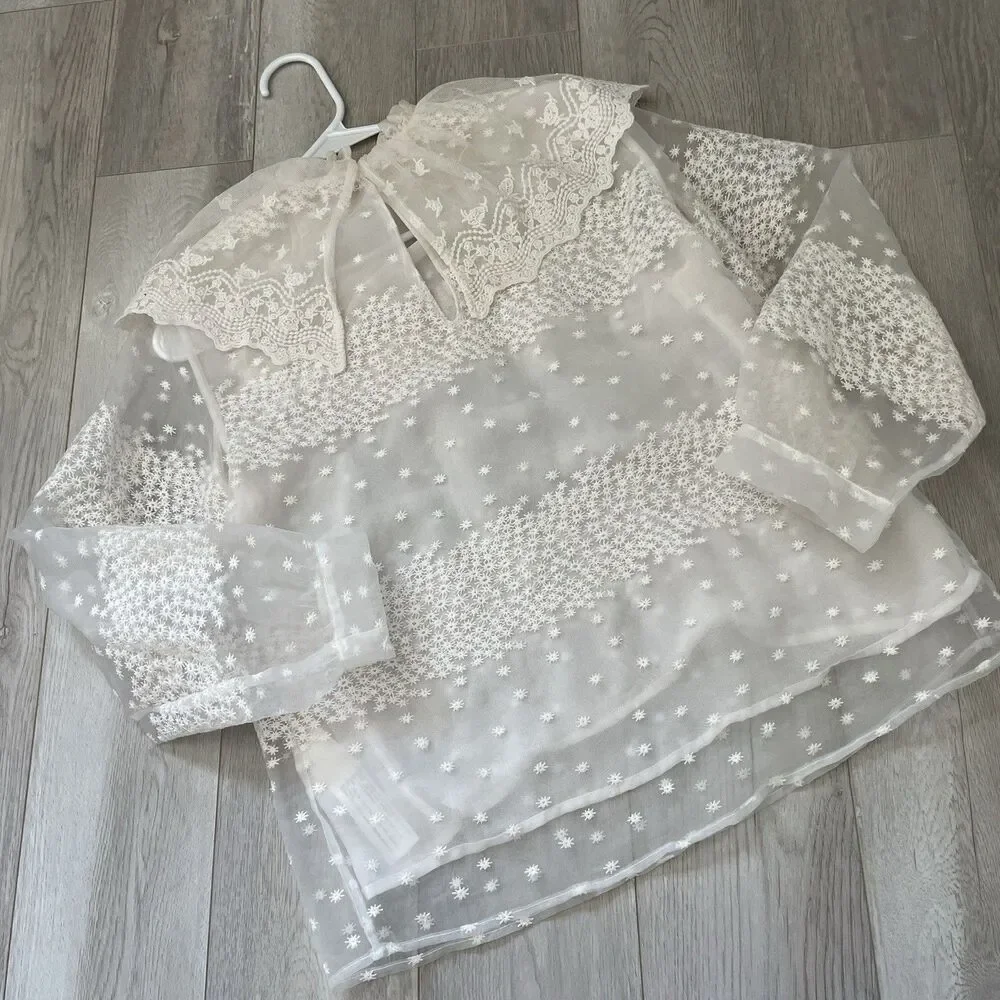 Zara Organza Blouse ecru embroidered sheer ruffle womens White (xsmall) cottage